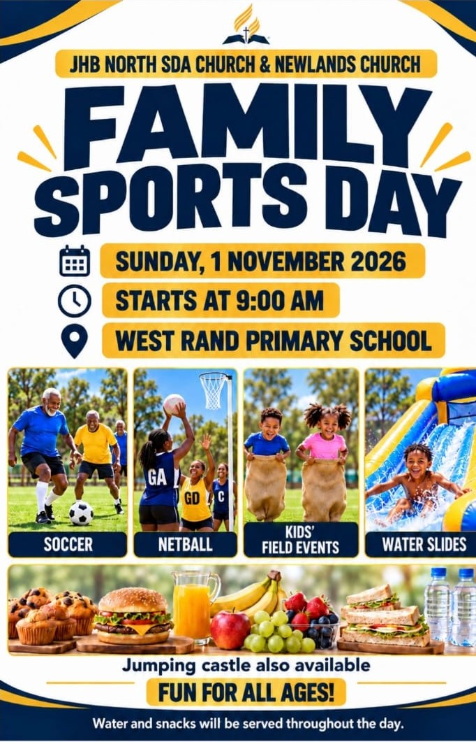Family Sports Day flyer: Sunday 1 November 2026, starts at 9:00 AM, West Rand Primary School